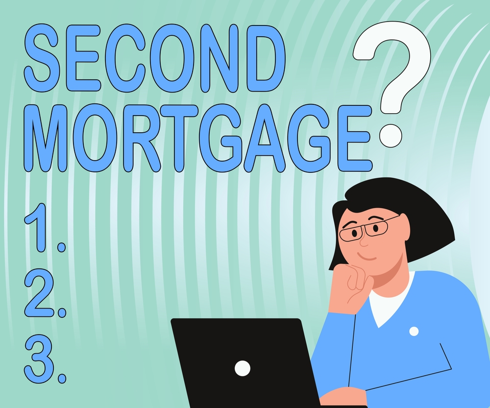 Illustration of a person with a laptop and a thoughtful expression, accompanied by the text "SECOND MORTGAGE?" and a numbered list from 1 to 3—navigating the complexities even after Chapter 7 discharge.
