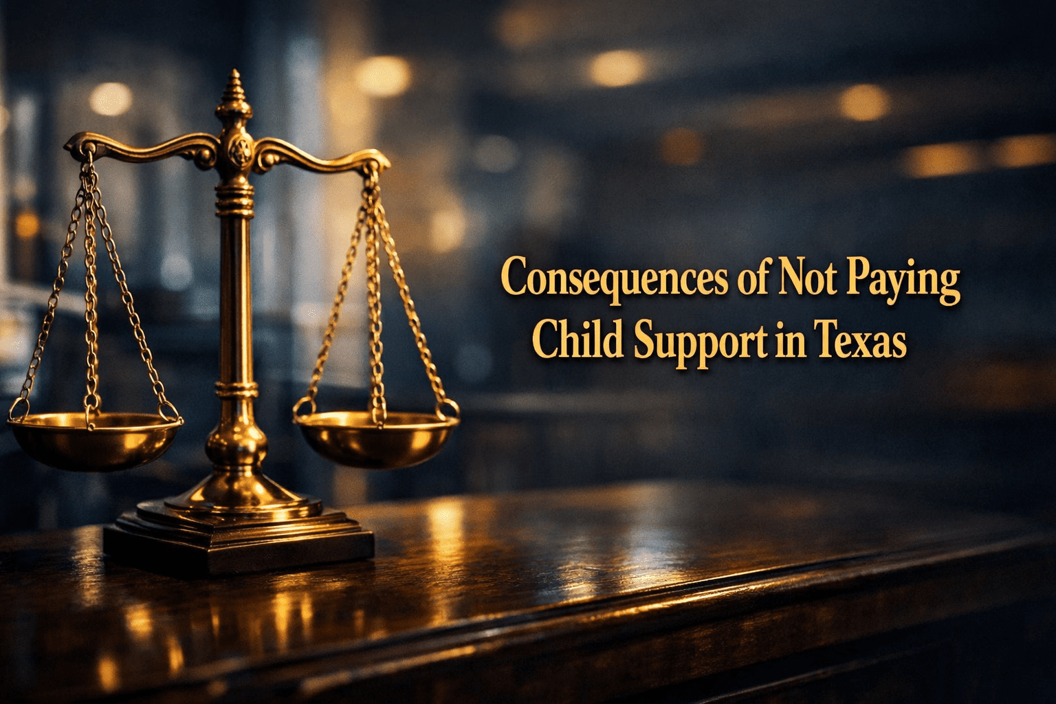Dramatic balance scale on a dark wooden desk with a blurred Texas courthouse-style background