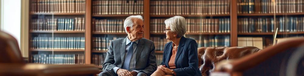 an older couple sitting in a very nice estate planning attorney's office