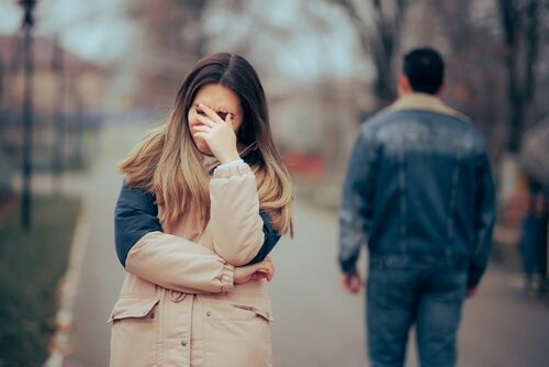 Sad Upset Woman Crying After a Painful Break-up. Man leaving his girlfriend after split-up last date