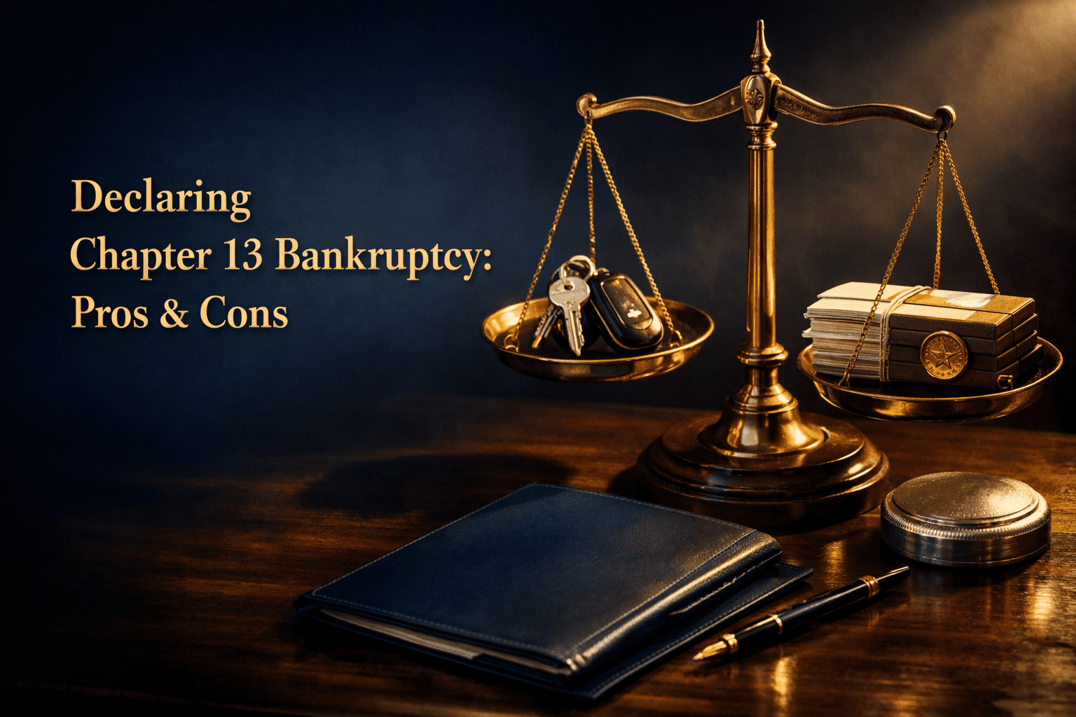 A brass balance scale holds car keys and a house key on one side, and a stack of cash on the other, alongside a notebook and pen on a desk; text reads “Declaring Chapter 13 Bankruptcy: Pros & Cons.”.