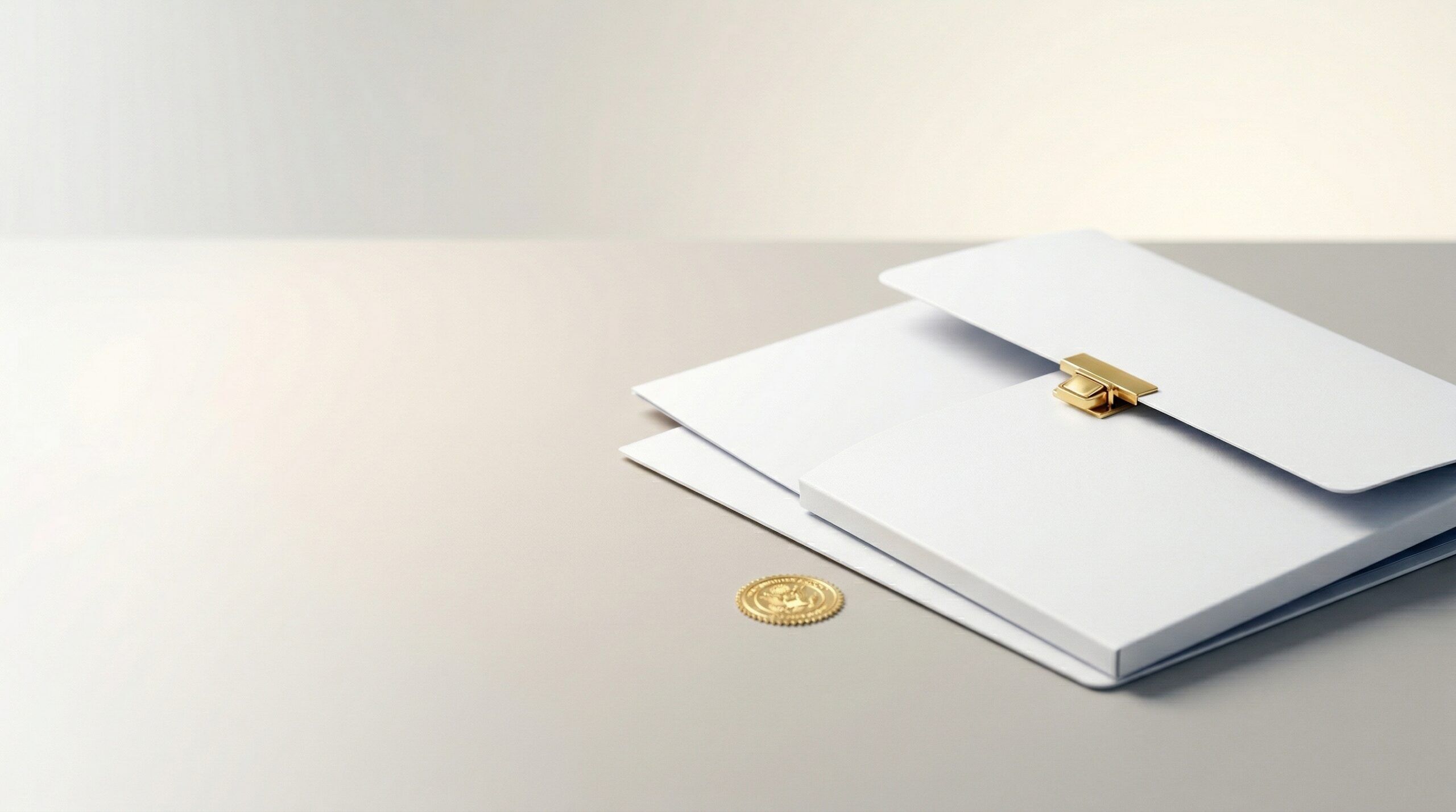 A white envelope with a gold clasp rests on a light-colored surface next to a single gold coin.