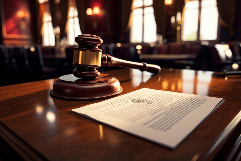Gavel resting on sound block on a desk behind a stack of paperwork