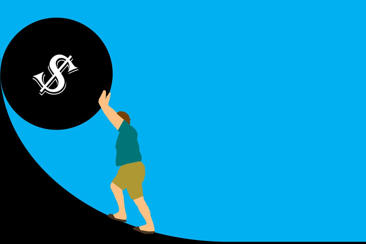 Animated image of a man rolling a ball with "$" on it up an incline