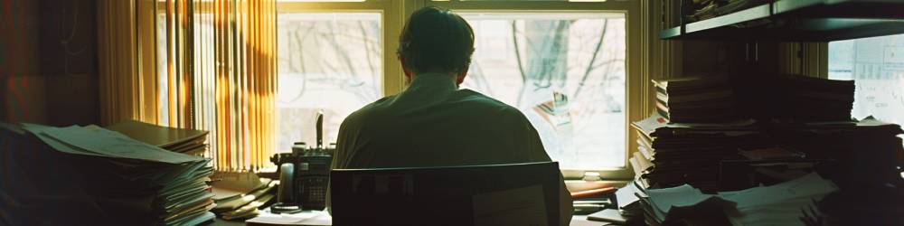 A person sits at a cluttered desk by a sunny window, surrounded by stacks of papers and files, while a debt collector's call echoes in the background.