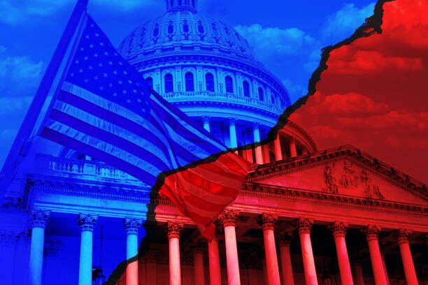 United States Capitol and an American flag with a blue and red division down the middle