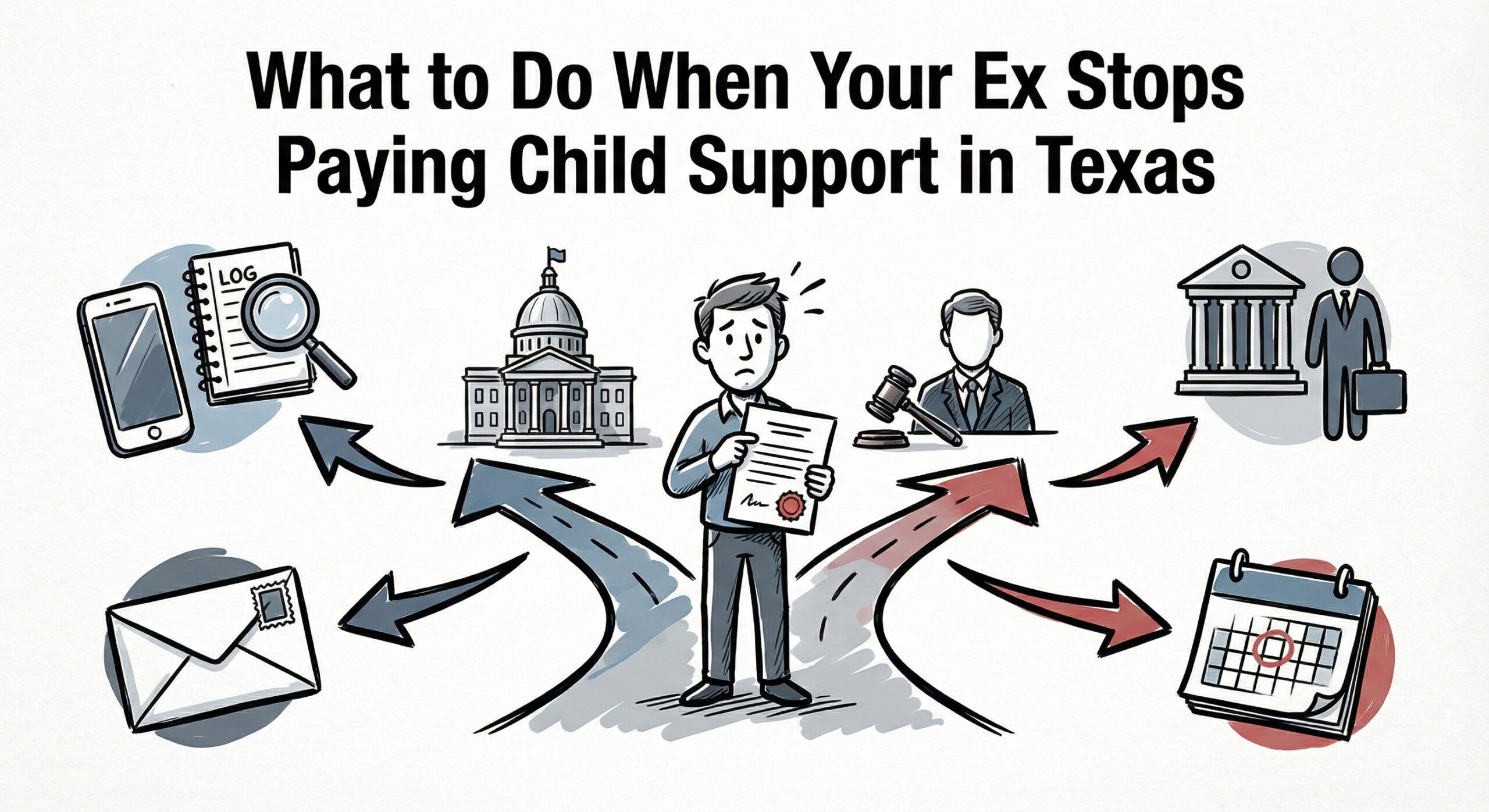 A hand-drawn sketch illustration in muted colors showing a worried man holding a document at a crossroads. Arrows connect him to surrounding icons representing legal steps: a phone and logbook for documentation, an envelope for contact, a lawyer and government building for enforcement paths, and a calendar with a circled date indicating deadlines. The title "What to Do When Your Ex Stops Paying Child Support in Texas" is bold at the top.