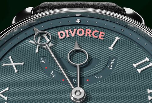 Achieve Divorce, come close to Divorce or make it nearer or reach sooner - a watch symbolizing short time between now and Divorce., 3d illustration