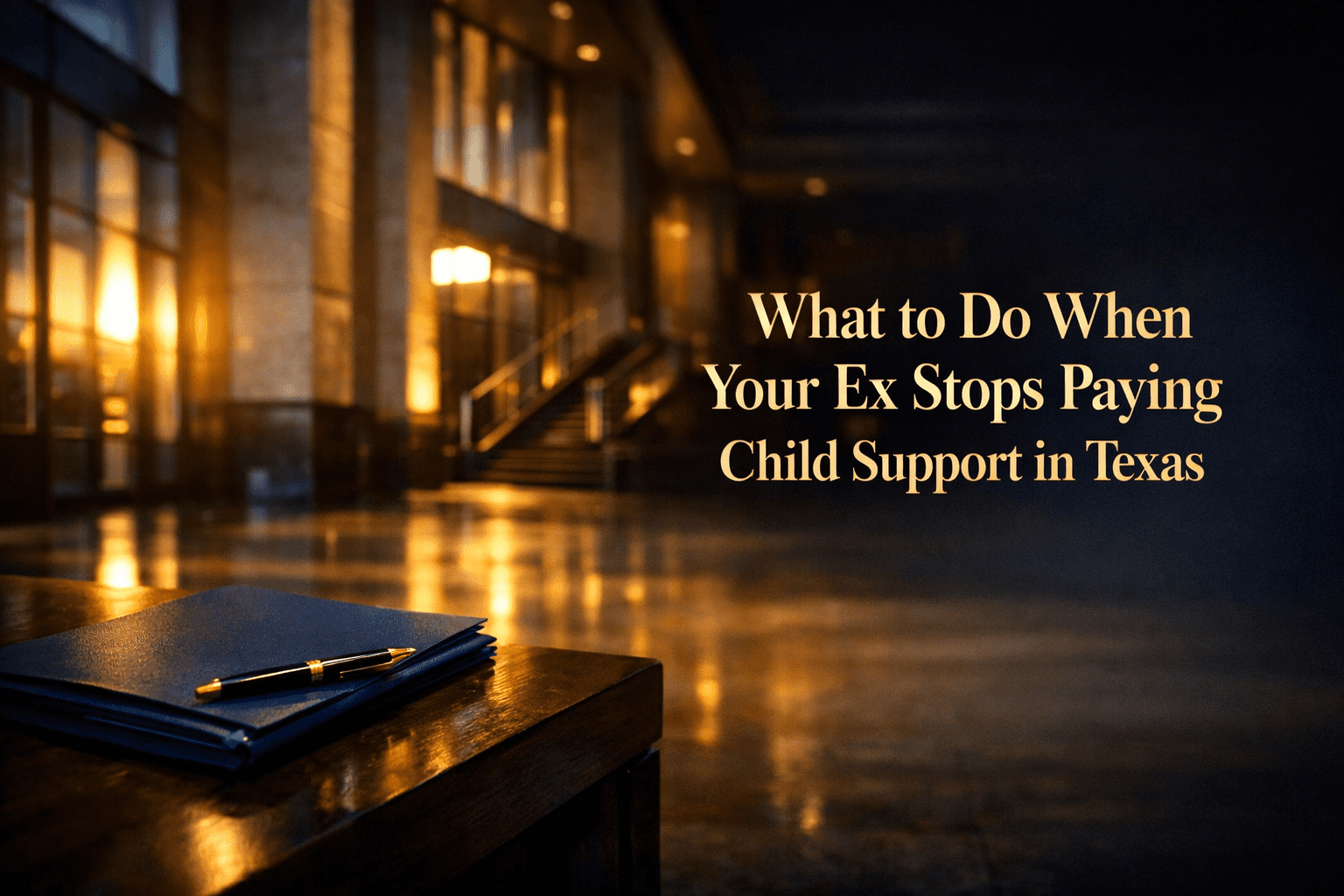 Dramatic sunrise light inside a modern Texas courthouse with a navy folder and gold-accented pen on a dark wood bench, symbolizing steps to take when child support stops paying in Texas.