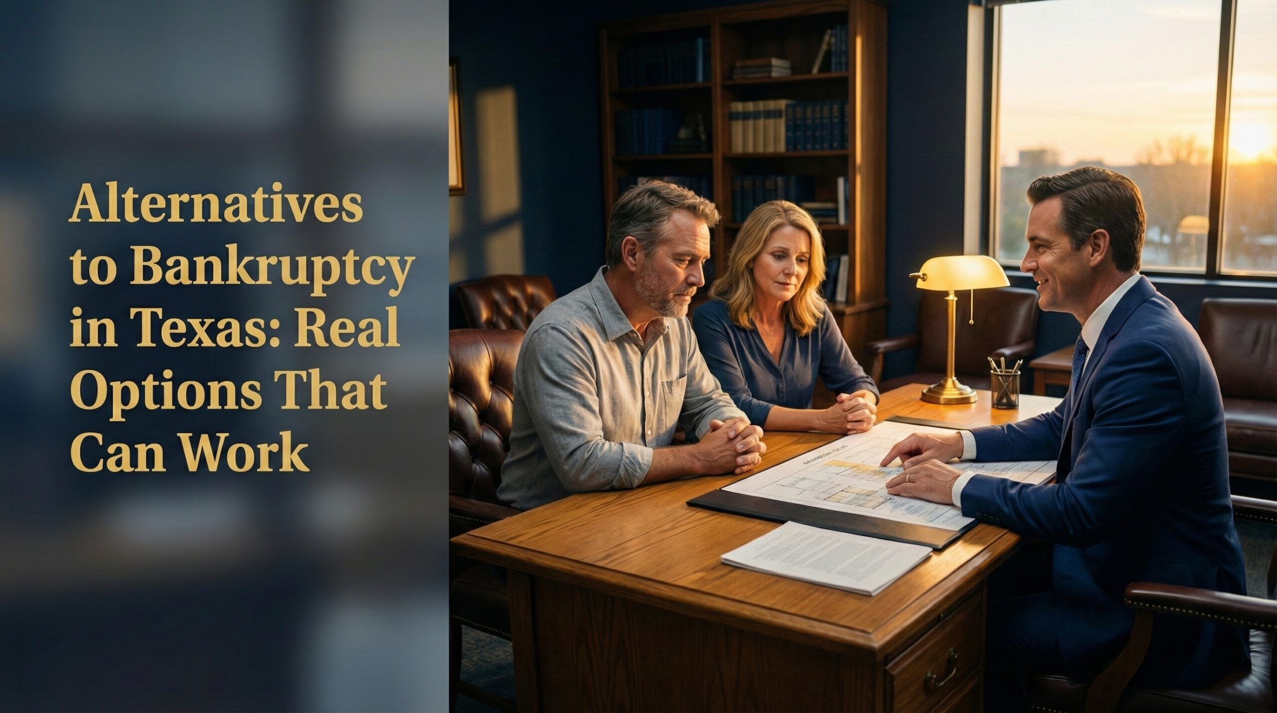 A cinematic photograph of a Texas attorney in a navy suit consulting with a relieved couple over debt options, with gold text overlay on the left reading "Alternatives to Bankruptcy in Texas: Real Options That Can Work".