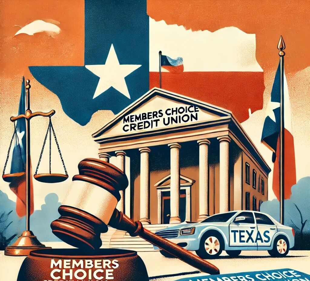 Concept of being sued by Members Choice Credit Union, including a courthouse, a car that says Texas, a gavel, and the scales of justice