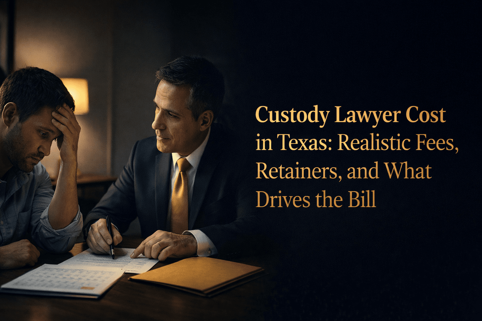 Two men sit at a table reviewing documents; one looks stressed while the other, in a suit, explains paperwork. Text reads: “Custody Lawyer Cost in Texas: Realistic Fees, Retainers, and What Drives the Bill.”.