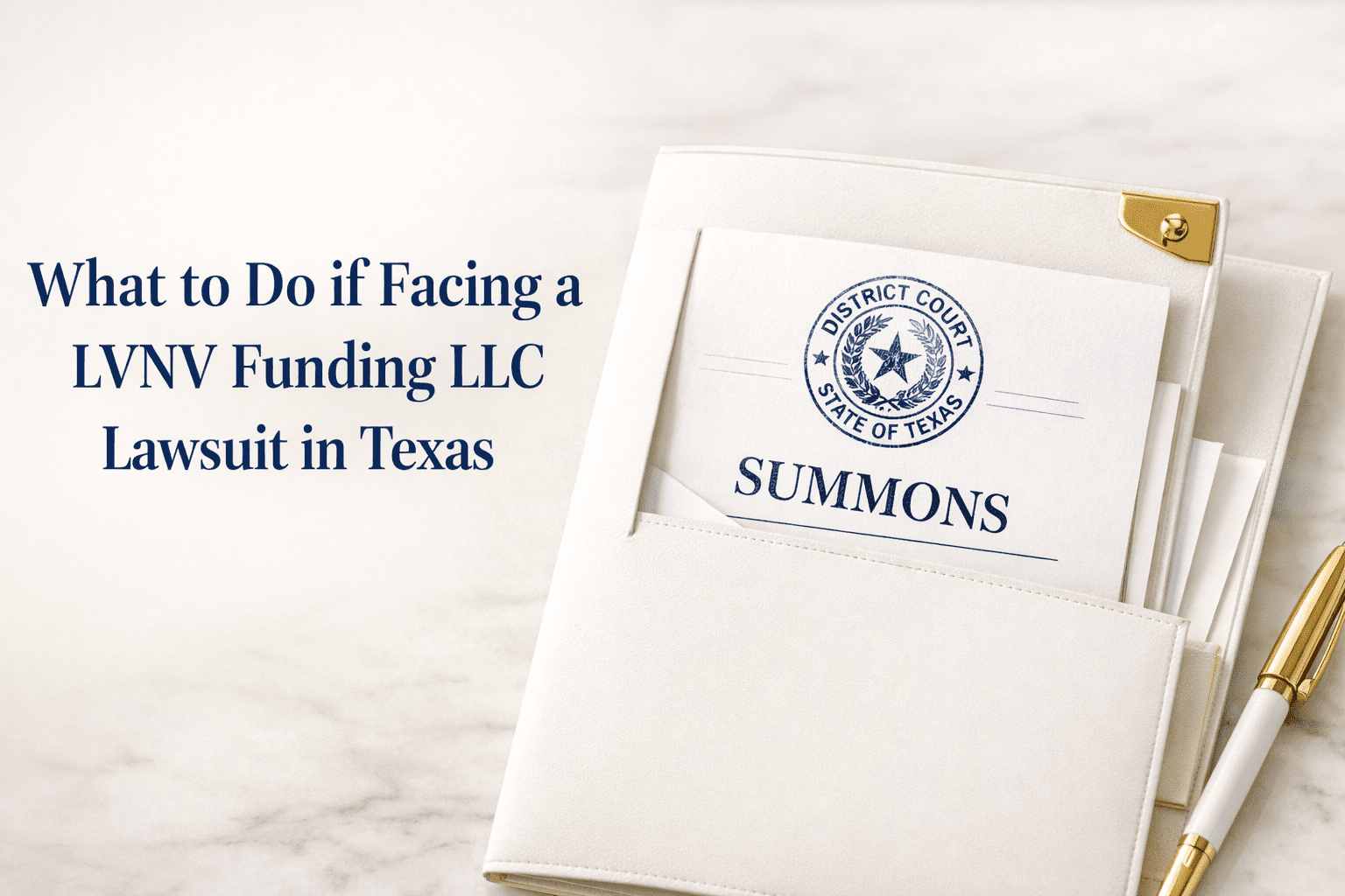 A white folder on a marble surface holds a legal document labeled "SUMMONS" from a Texas court, next to text reading, "What to Do if Facing a LVNV Funding LLC Lawsuit in Texas.