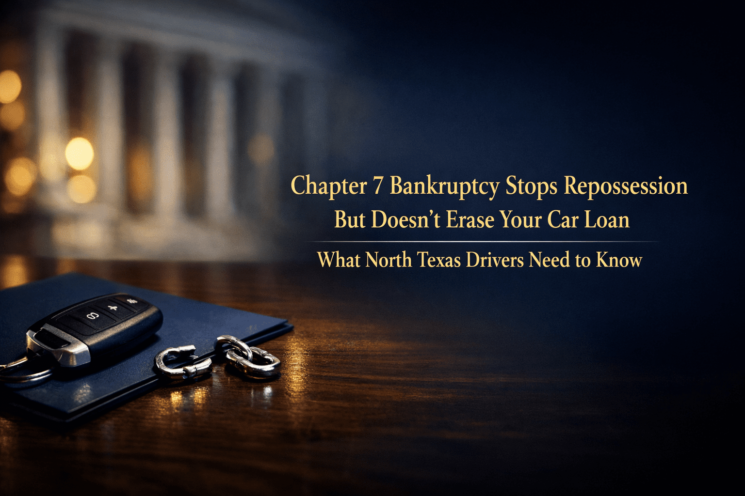 A car key and folder rest on a wooden desk with text explaining that Chapter 7 bankruptcy stops repossession but doesn't erase car loans, aimed at North Texas drivers.