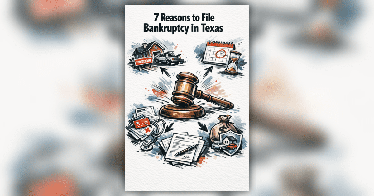 Illustration with a gavel, foreclosure house, medical bills, debt notices, and a bag of money, titled "7 Reasons to File Bankruptcy in Texas.