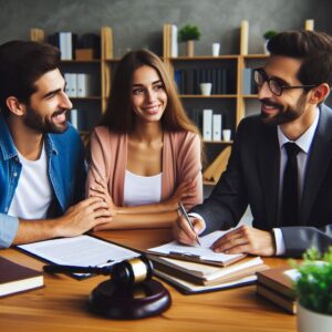Mom and dad making custody agreement with lawyer