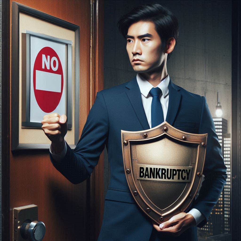 a man holding a bankruptcy shield making a fist and a sign that says no behind him