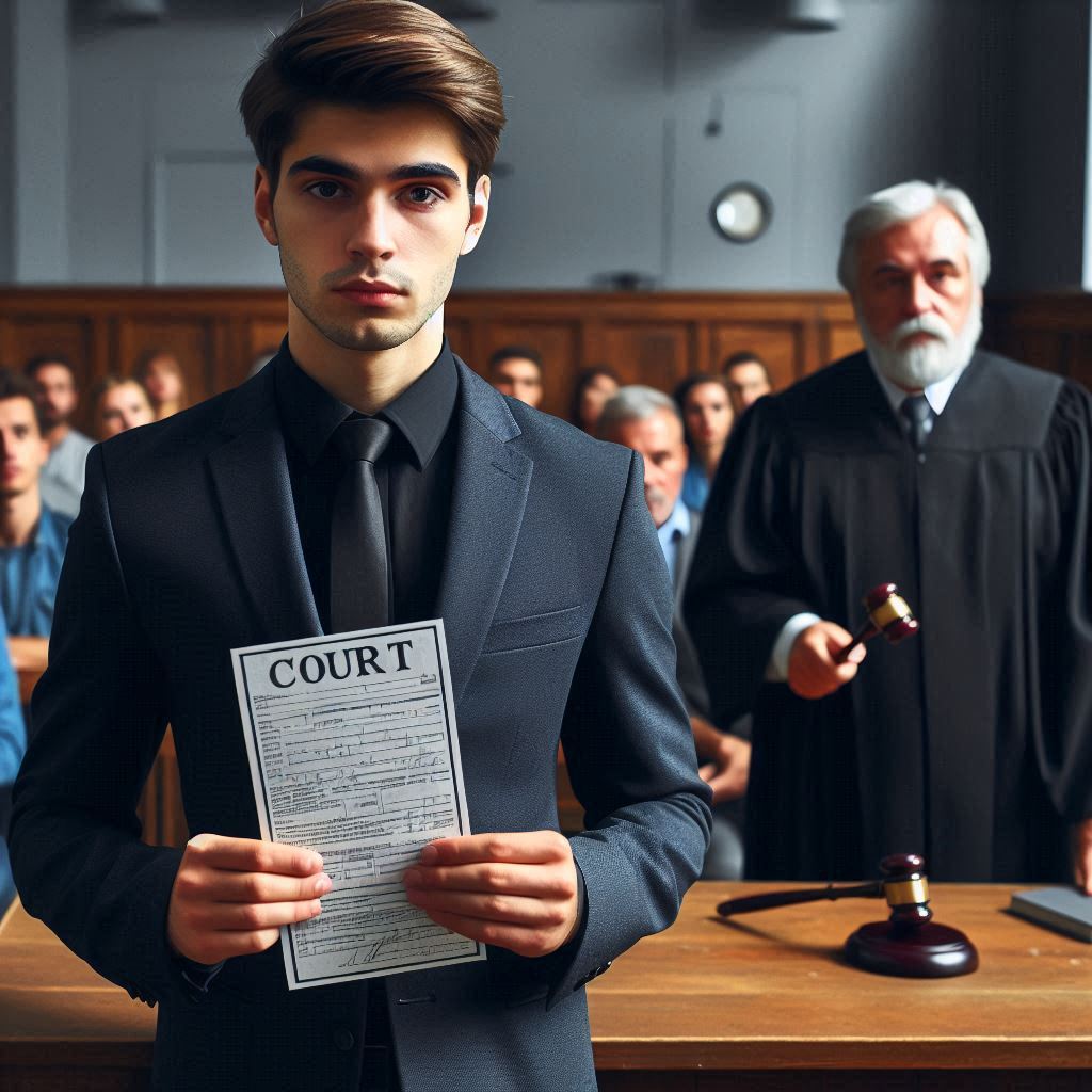 Man holding up court paperwork with a judge behind him holding a gavel