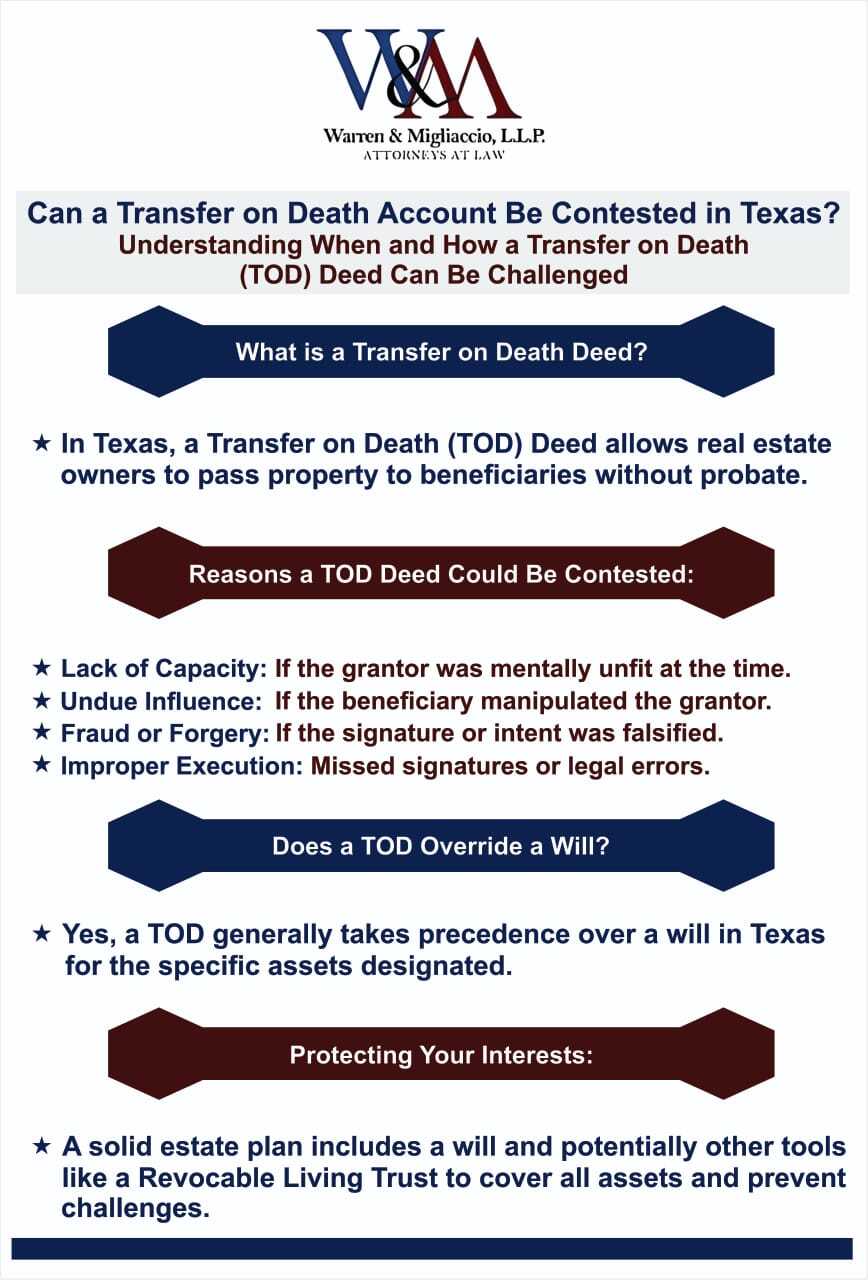 Can a Transfer on Death Account Be Contested in Texas? Learn the reasons a TOD Deed can be legally challenged, from lack of capacity to fraud, and how to protect your estate plan.