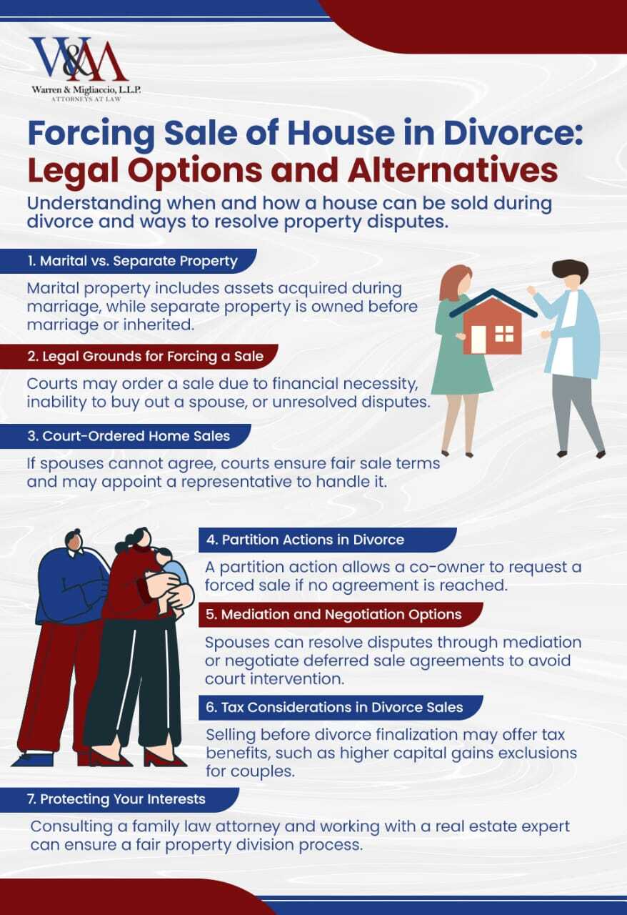 Infographic titled "Forcing Sale of House in Divorce." It explains marital vs. separate property, legal grounds for forcing a sale, court-ordered home sales, partition actions, alternatives to a forced sale, and key steps to protect financial interests during property division.

