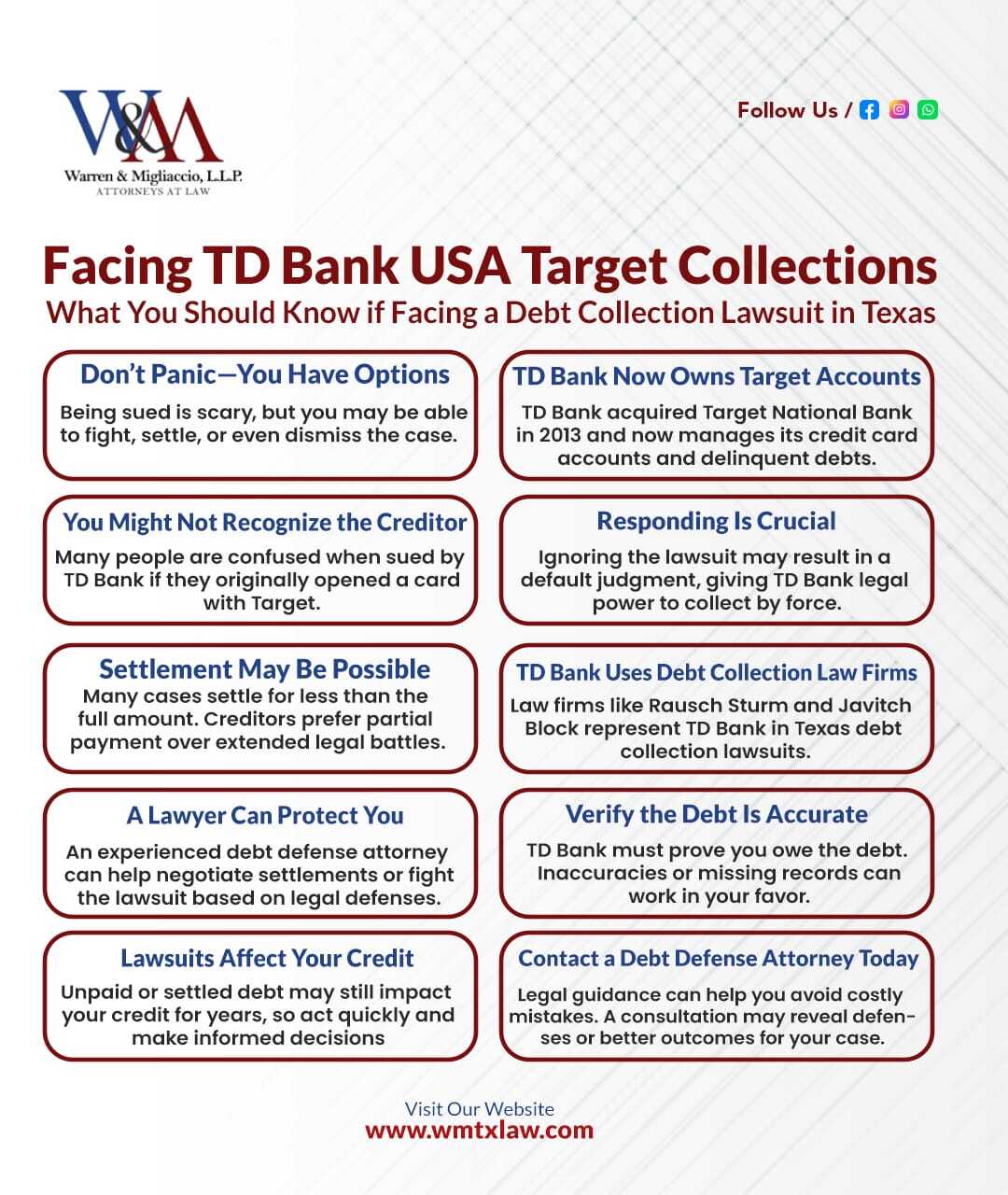 Facing TD Bank USA Target Collections? Learn What You Should Know if Facing a Debt Collection Lawsuit in Texas The infographic explains who TD Bank is, why it's suing, and outlines important steps to take—such as responding to the lawsuit, verifying the debt, and seeking legal help. It also highlights settlement options, law firms involved, and how an attorney can assist in defending the case or negotiating better terms.