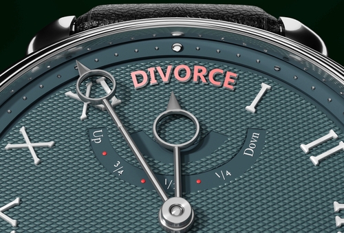 Achieve Divorce, come close to Divorce or make it nearer or reach sooner - a watch symbolizing short time between now and Divorce., 3d illustration