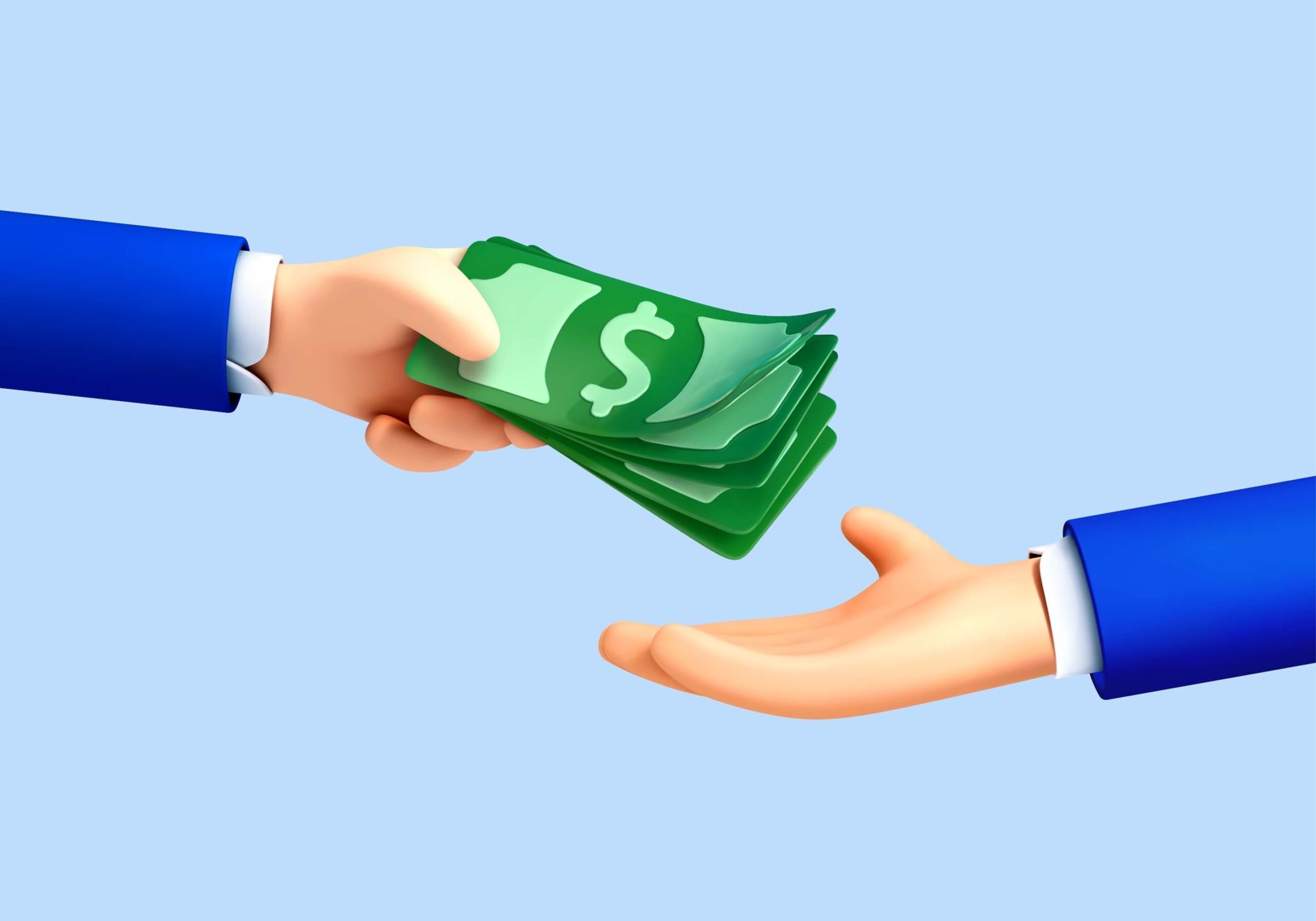 A cartoon image of a hand holding out a stack of money, giving it to a different hand representing paying