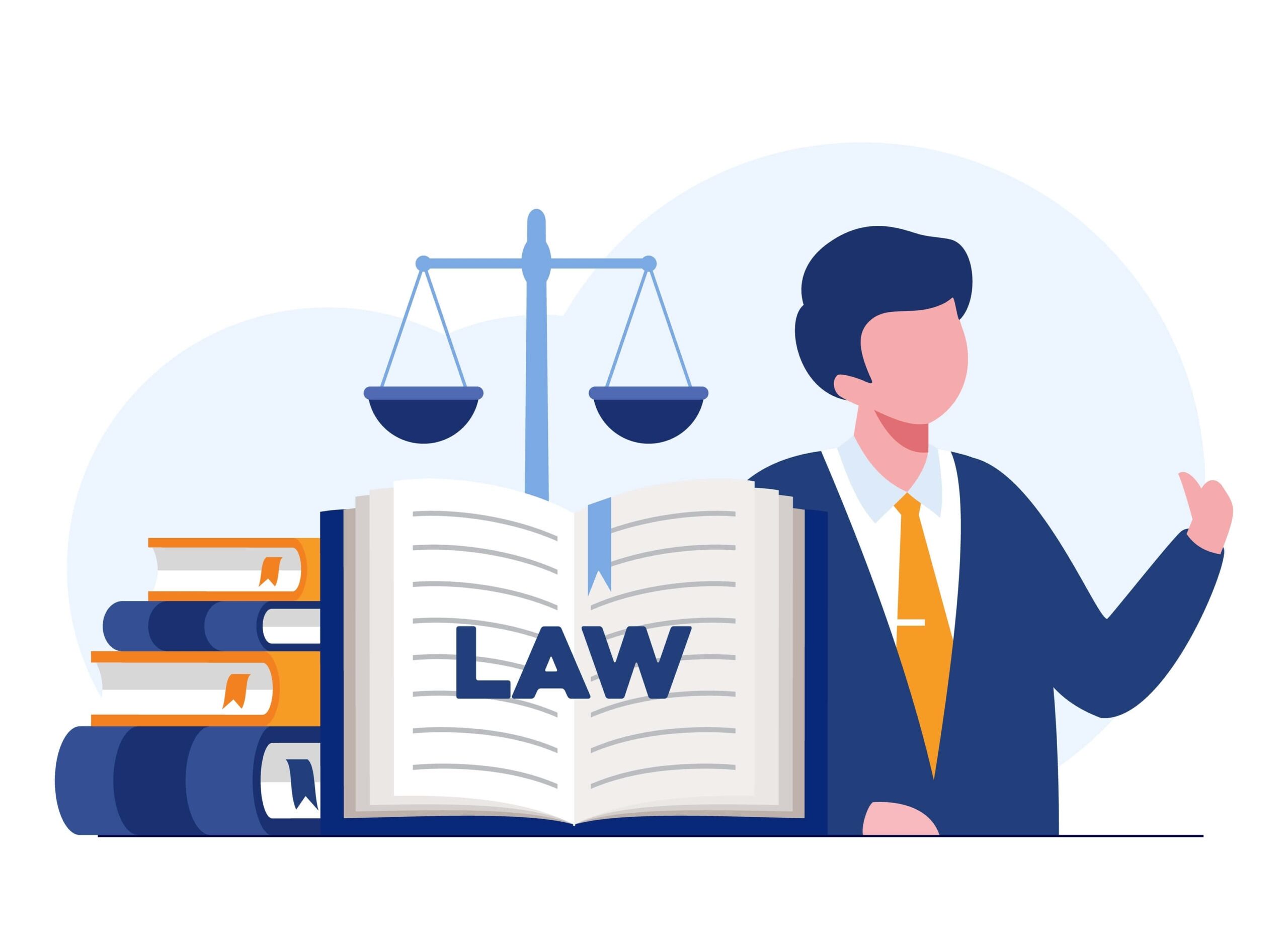 A cartoon image of a stack of four books with an open book that says law resting on the other books and behind the open book is the scale of justice and a businessman
