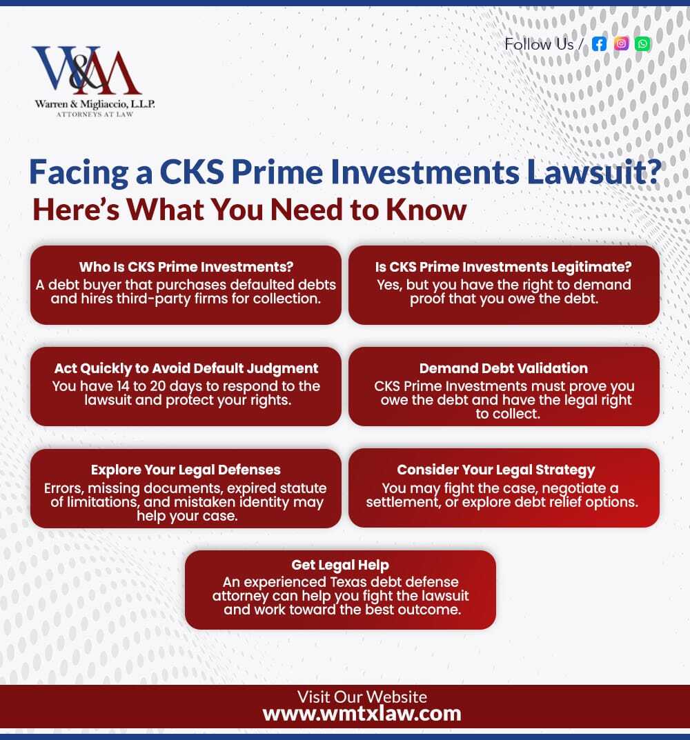 Infographic outlining key steps for handling a CKS Prime Investments lawsuit in Texas. Includes who CKS Prime Investments is, legitimacy concerns, the importance of responding quickly, debt validation, legal defenses, legal strategy options, and the benefits of legal assistance.

