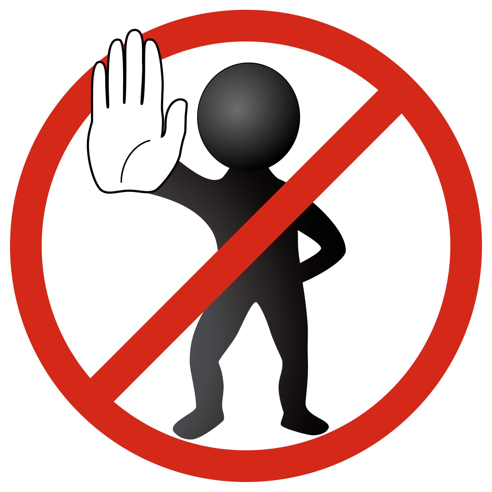 A man standing with one hand on his hip and the other out in front of him holding up his hand representing stop and there is a red circle with a line threw it in front of the man, td bank debt collection