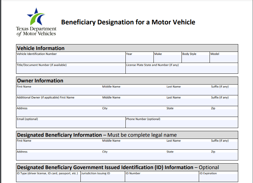 A form titled "Beneficiary Designation for a Motor Vehicle" from the Texas Department of Motor Vehicles, with sections for vehicle, owner, and beneficiary information, and optional ID details.