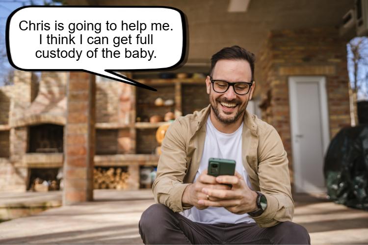 A man sits outside, grinning at his phone, as a speech bubble states, "Chris is going to help me. I think we can make it happen.