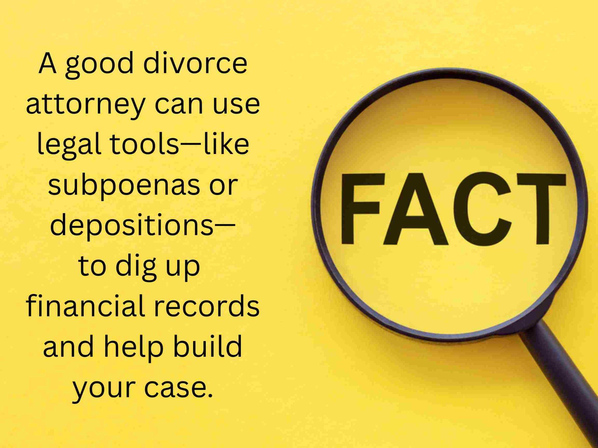A magnifying glass over the word "FACT" beside text explaining how divorce attorneys can use legal tools to find financial records and uncover marital waste during a divorce settlement.