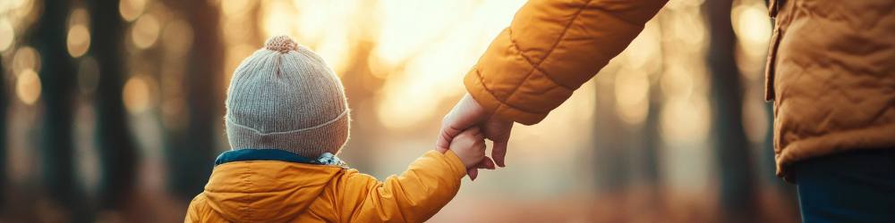 a young child in a yellow winter jacket holding hands with their mom while out on a walk after getting custody orders in texas