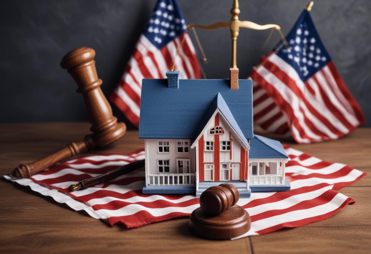 Miniature house sitting on top of an American flag, next to gavels and the scales of justice