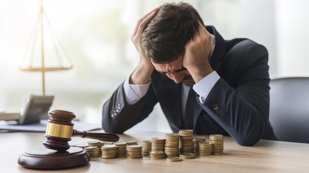 Distraught man with both hands on his head sitting by stacks of coins and a gavel on a soundblock