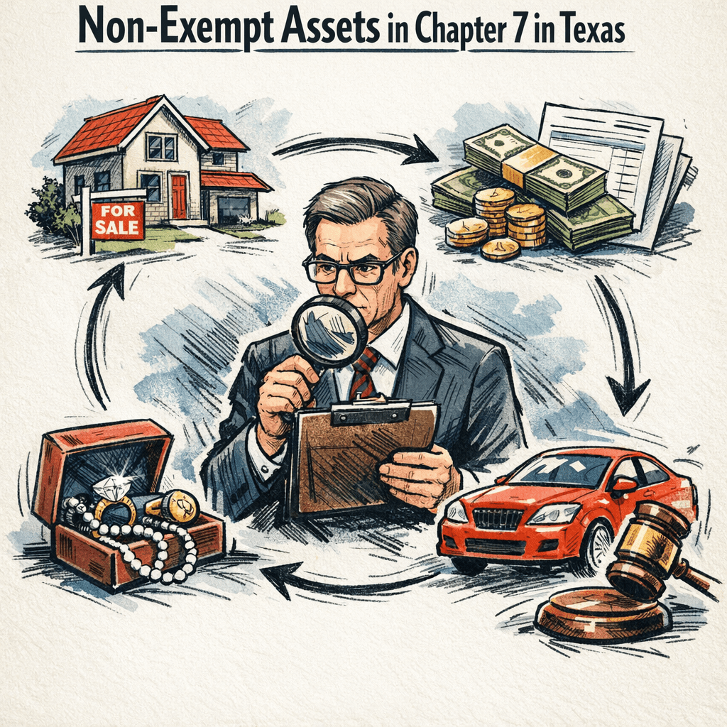 Illustration showing a man examining non-exempt assets in Chapter 7 bankruptcy in Texas: a house, cash, jewelry, a car, documents, and a judge’s gavel.