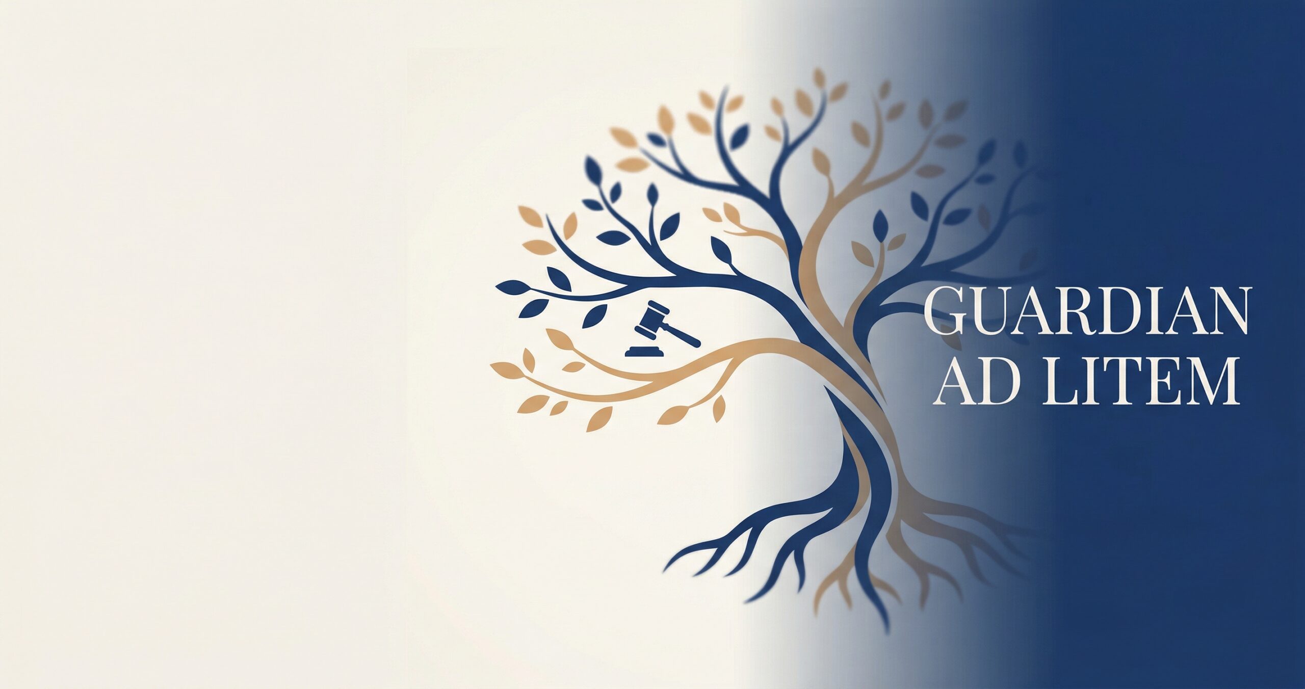 Illustration of a tree with gold and navy branches, a gavel on one branch, and the text "GUARDIAN AD LITEM" on a blue gradient background.