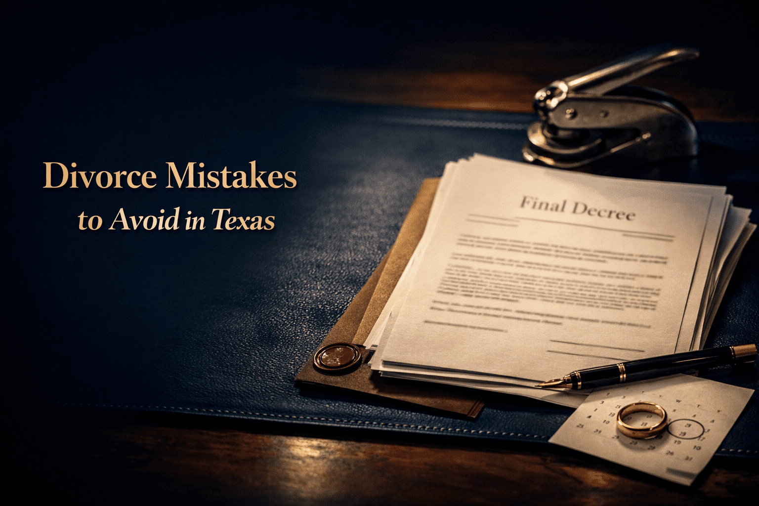 A stack of legal documents titled "Final Decree" sits next to a pen, calendar, and notary stamp, with text reading "Divorce Mistakes to Avoid in Texas.