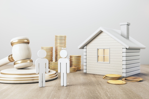 White house with golden coin stacks, male, female and gavel on concrete and wooden background. Divorce and property division concept. 3D Rendering