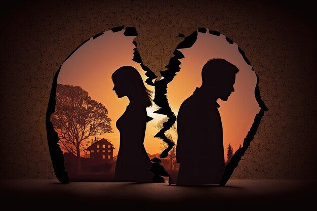 texas divorce grounds article featuring image of broken heart and couple looking opposite