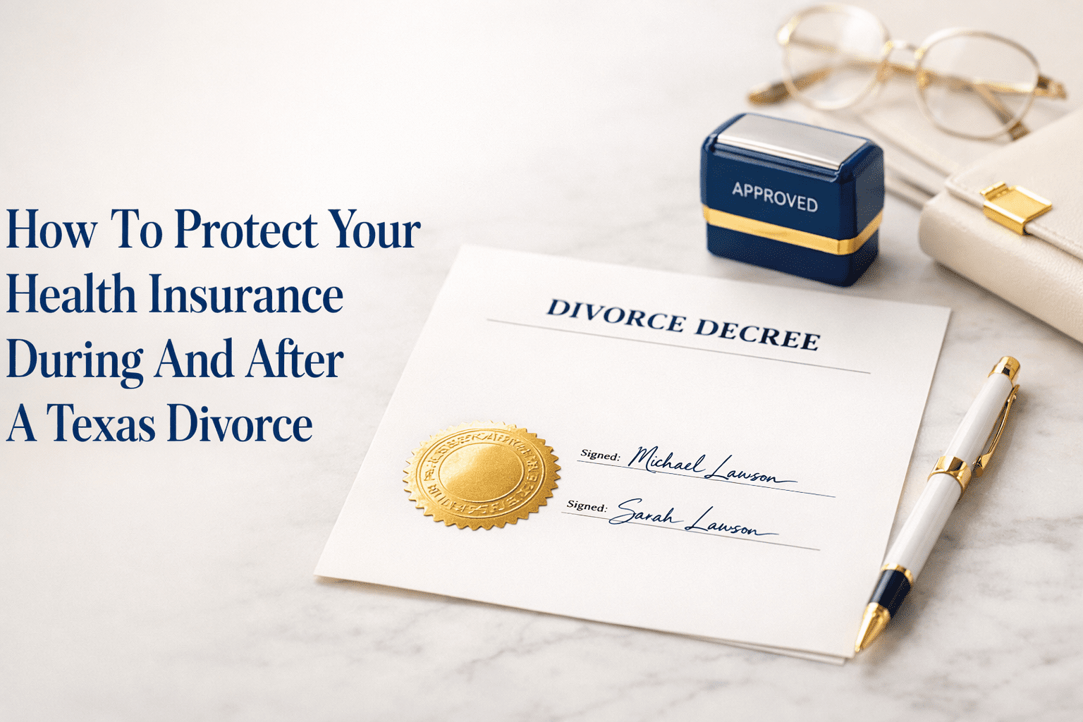 A gold-sealed divorce decree on a light desk detailing health insurance after a Texas divorce. Warren & Migliaccio, L.L.P.