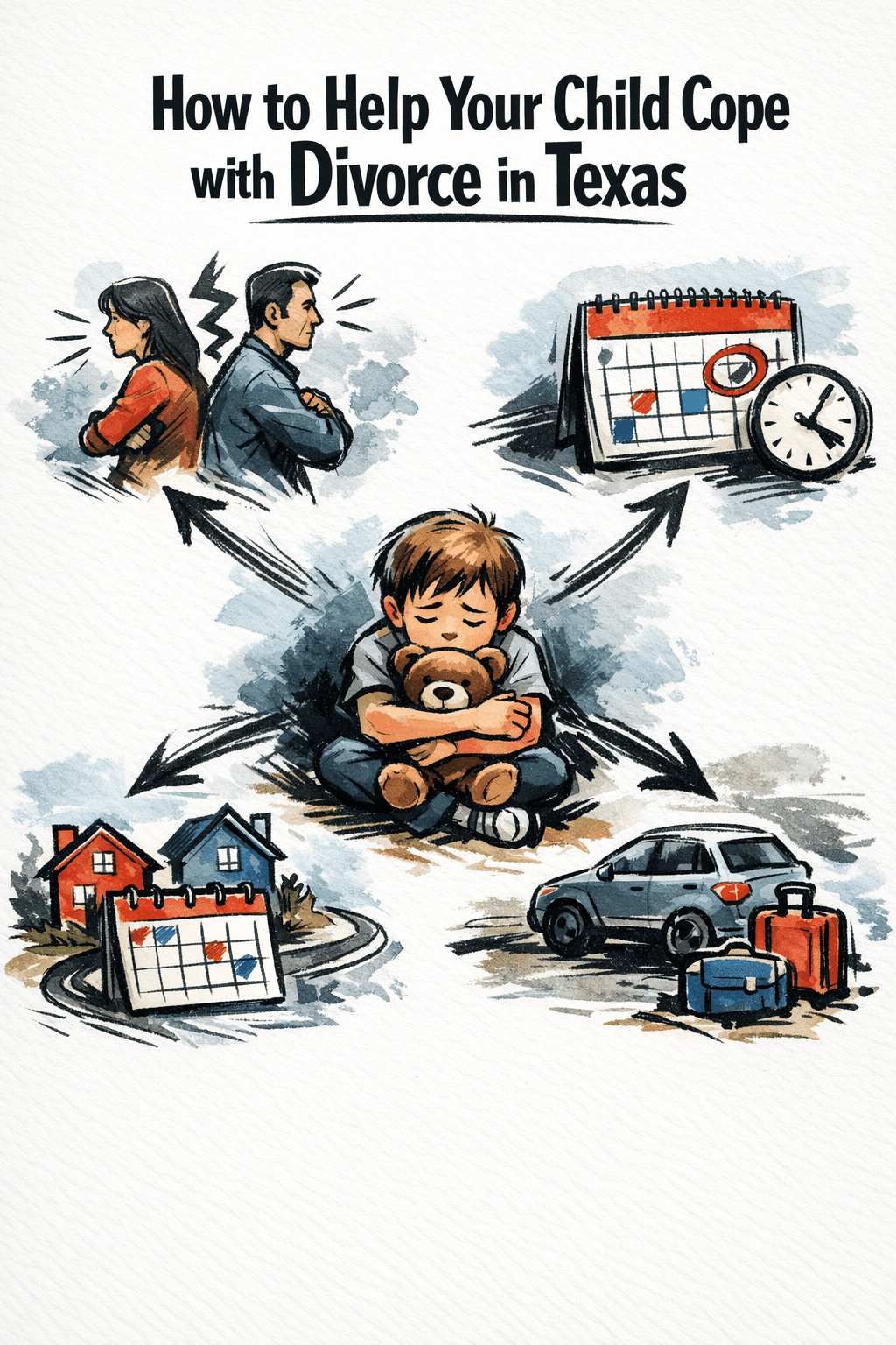 Illustration of a child holding a teddy bear, surrounded by images of upset parents, custody schedules, a house, and a car with luggage, representing coping with divorce in Texas.