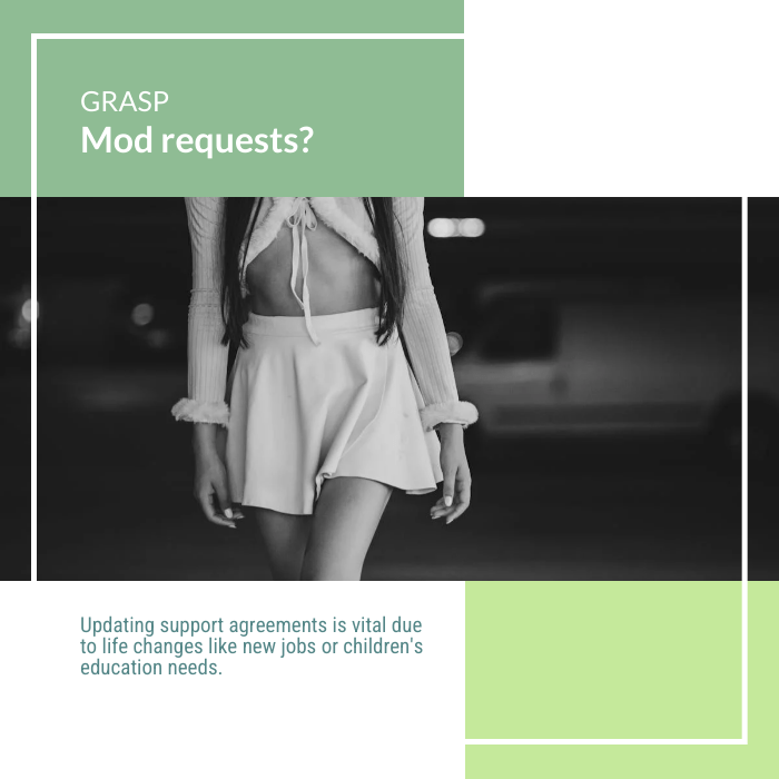 A person in a cropped sweater and skirt walks. Text reads, "GRASP Mod requests? Updating support agreements is vital due to life changes like new jobs or children's education needs. What Happens After Judge Signs Divorce Decree
