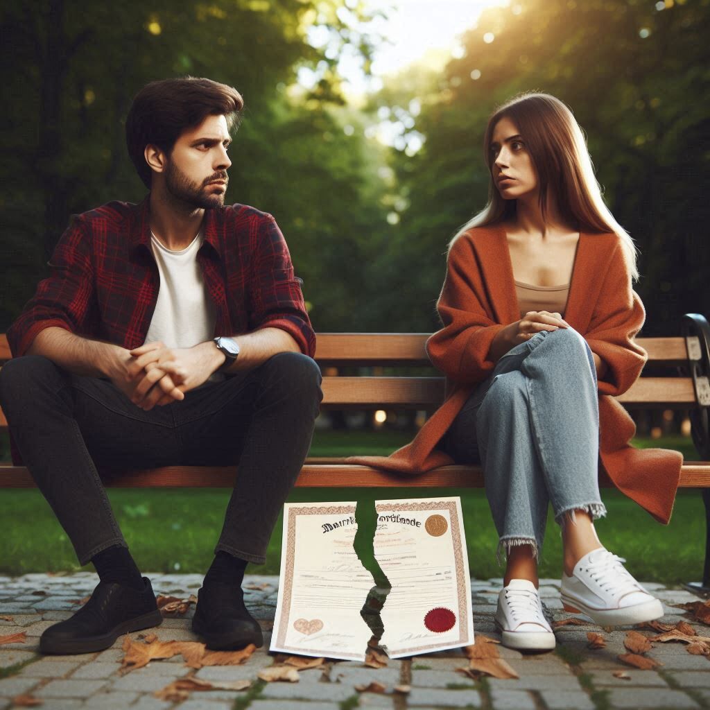 a couple sit next to each other on a park bench with a ripped up divorce decree between them