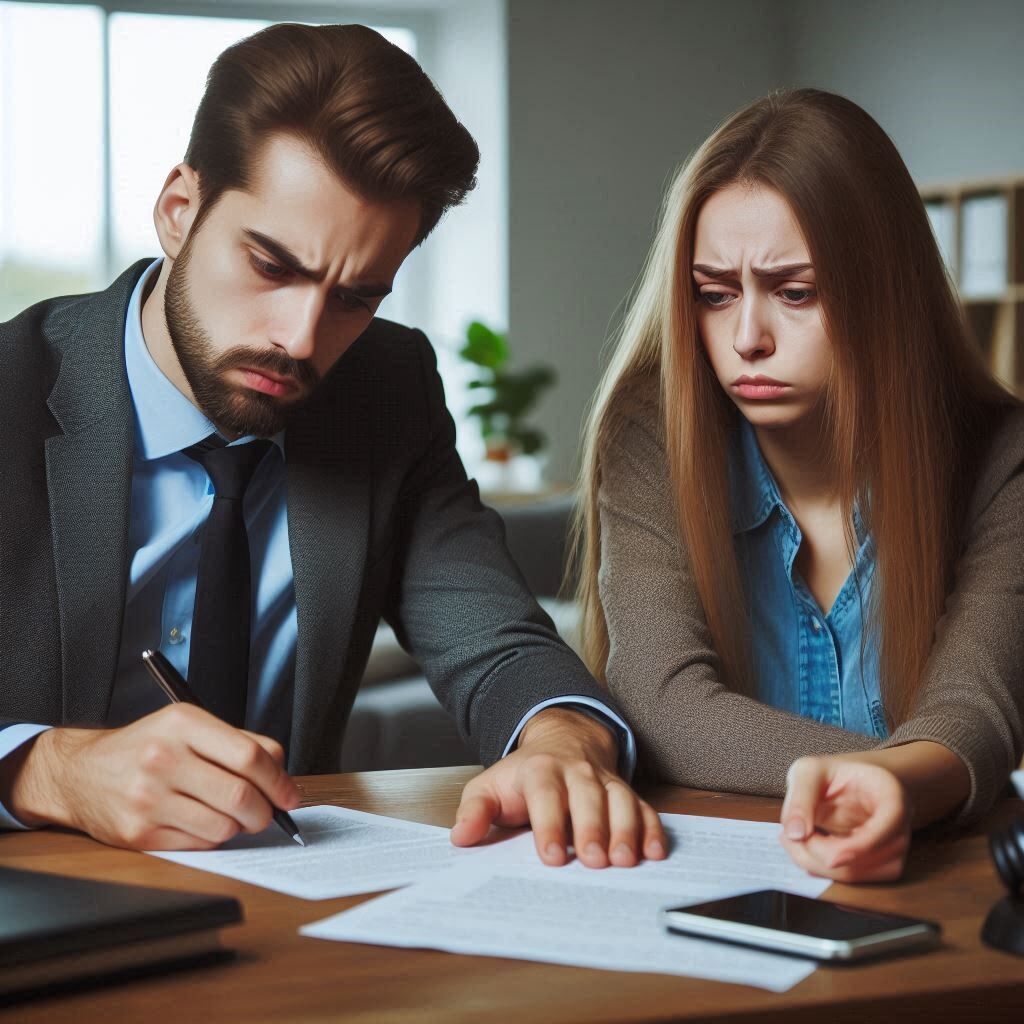a stressed couple sign divorce papers