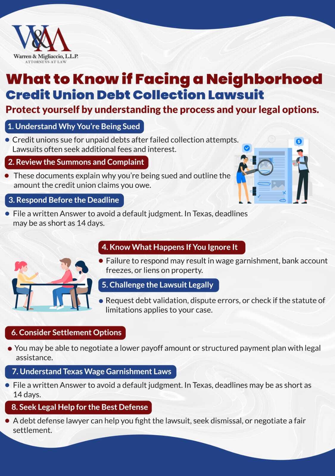 An infographic titled "What to Know if Facing a Neighborhood Credit Union Debt Collection Lawsuit" with eight key steps. The steps explain why you're being sued, how to respond, potential legal consequences, and available defenses. Designed for easy readability and guidance for Texans facing a debt lawsuit.