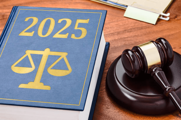 “Blue book labeled ‘2025’ with a golden scales of justice icon, placed on a wooden desk beside a judge’s gavel, symbolizing law and judicial authority.”