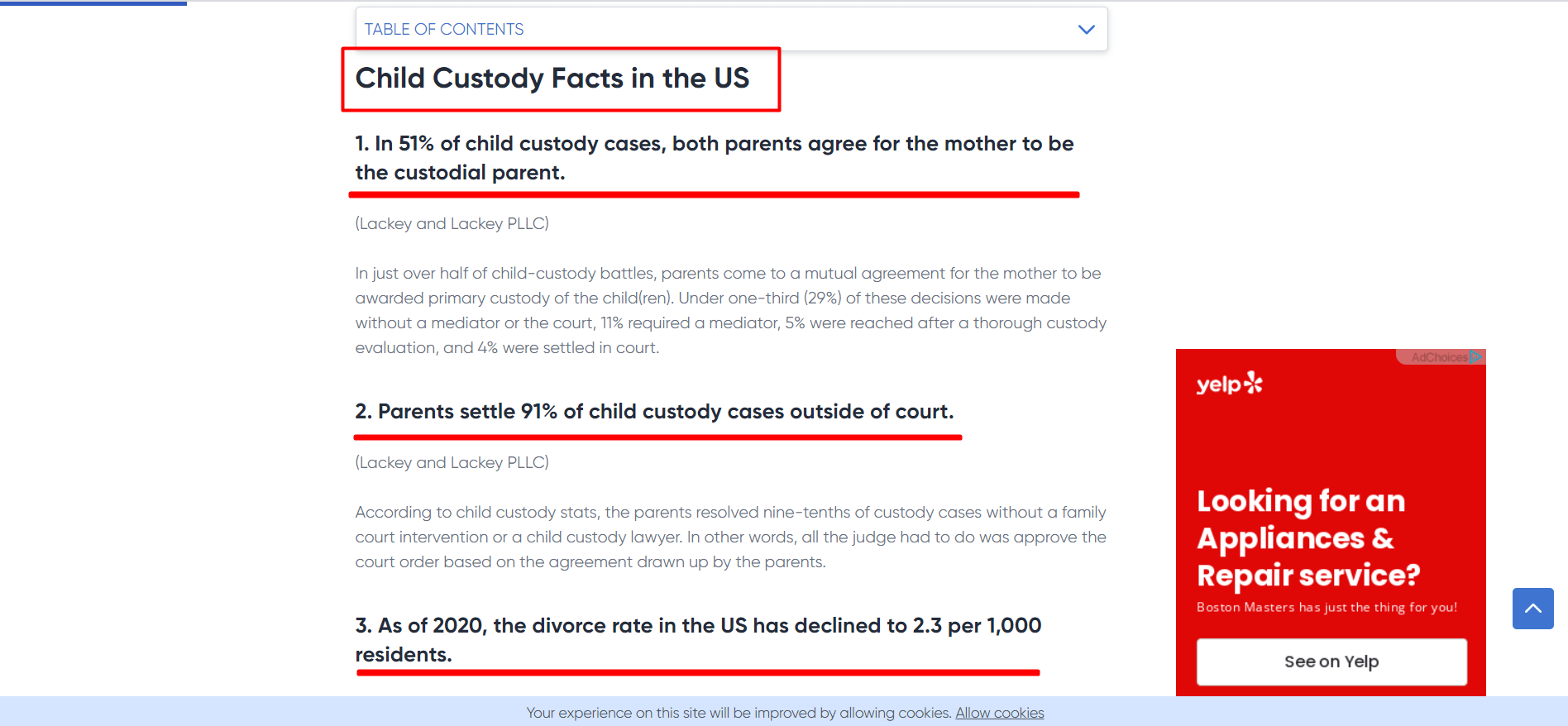 Screenshot of an article titled "Child Custody Facts in the US," highlighting a section on what happens after temporary custody, with a Yelp ad on the side.
