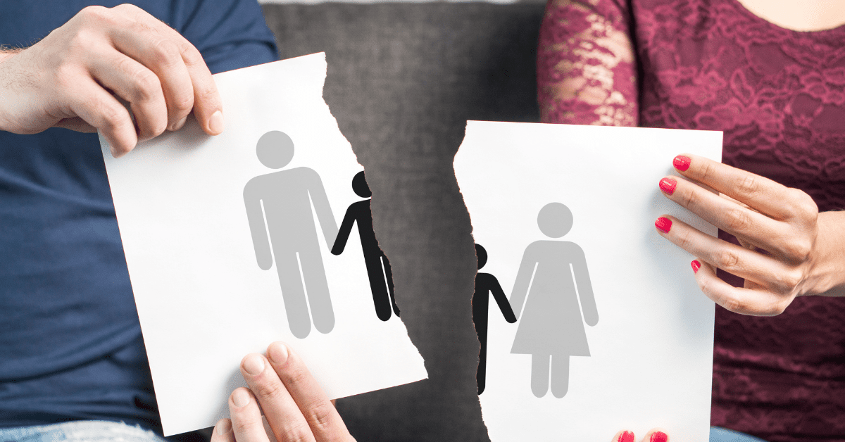 Two people holding a sign that is ripped in half signifying a mother, father, and child going through a child custody case